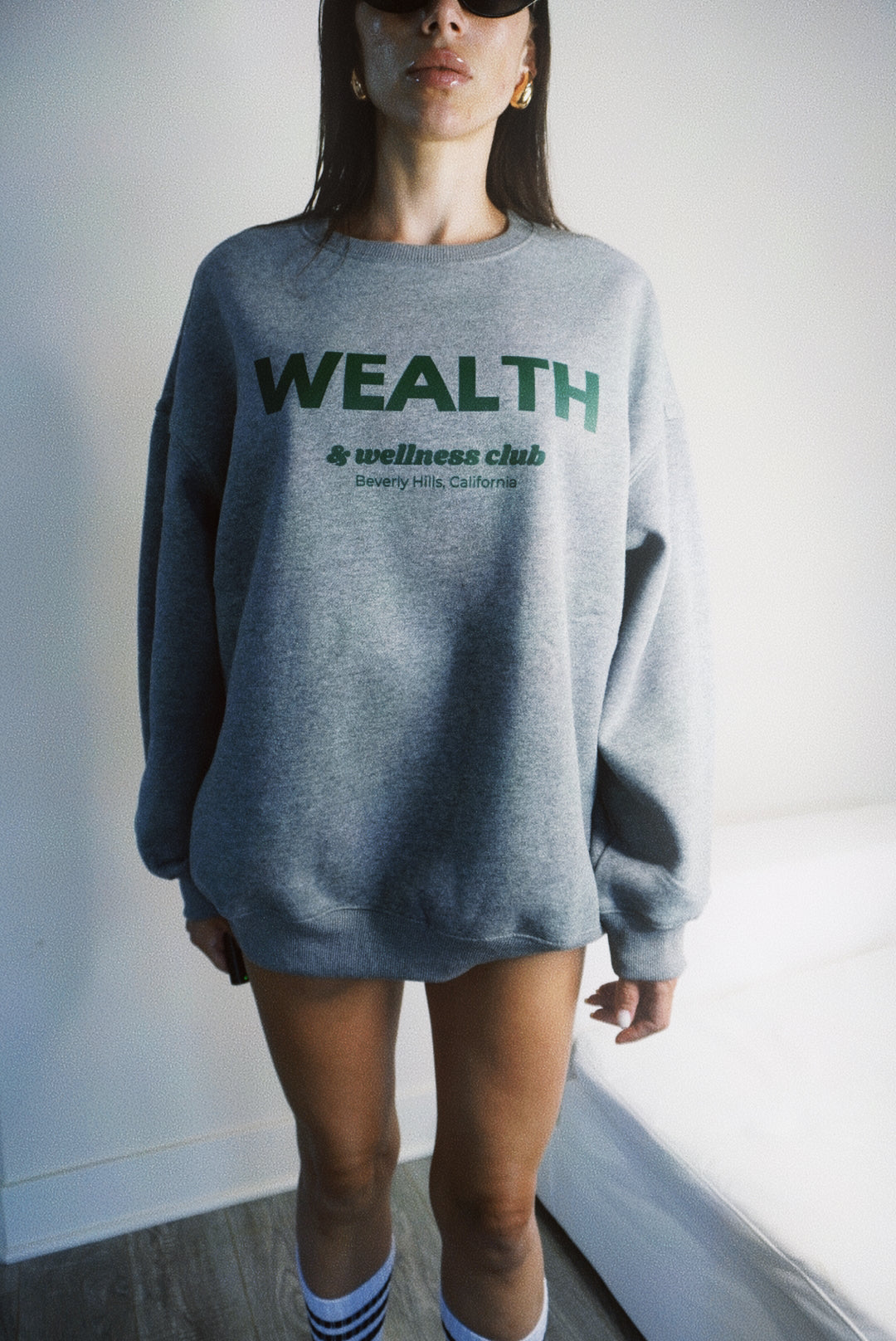 Wealth & Wellness Club Grey Green Oversized Crewneck Sweatshirt