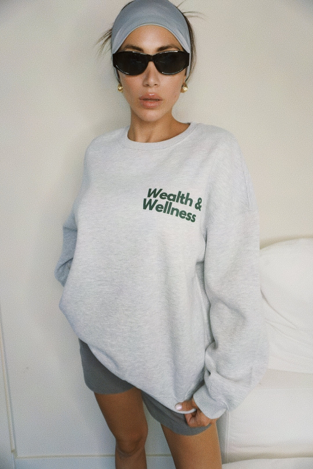 Wealth & Wellness Grey and Dark Green Oversized Crewneck Sweatshirt