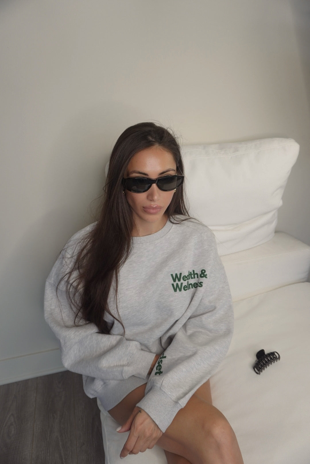Wealth & Wellness Grey and Dark Green Oversized Crewneck Sweatshirt