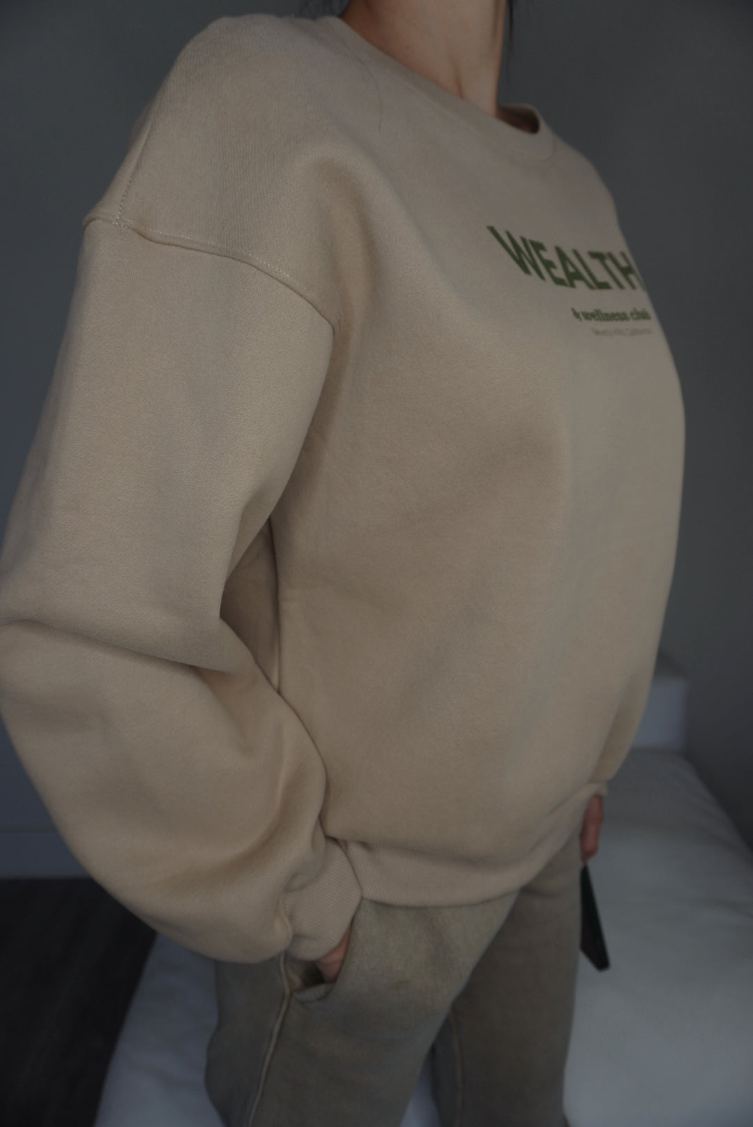 Wealth & Wellness Club Tan and Green Oversized Crewneck Sweatshirt