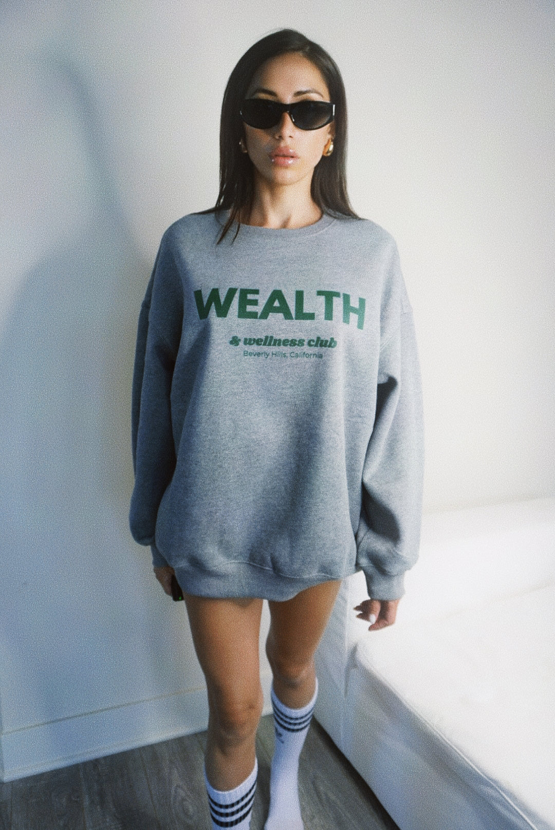 Wealth & Wellness Club Grey Green Oversized Crewneck Sweatshirt