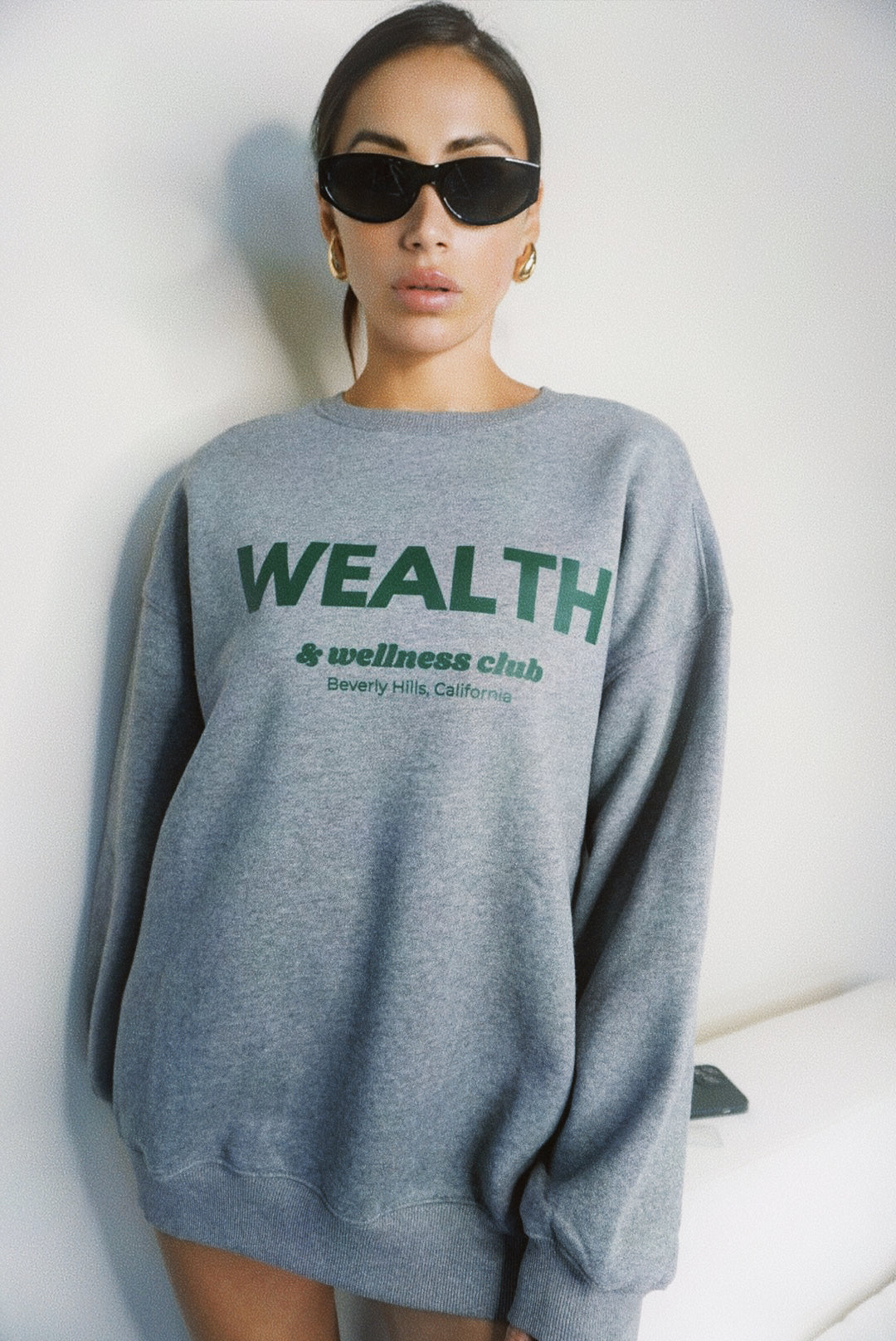 Wealth & Wellness Club Grey Green Oversized Crewneck Sweatshirt