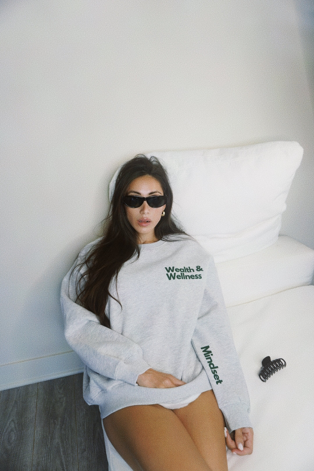 Wealth & Wellness Grey and Dark Green Oversized Crewneck Sweatshirt