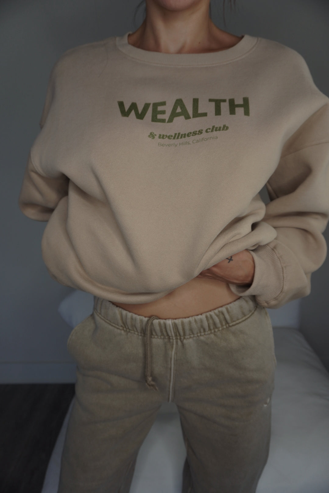 Wealth & Wellness Club Tan and Green Oversized Crewneck Sweatshirt