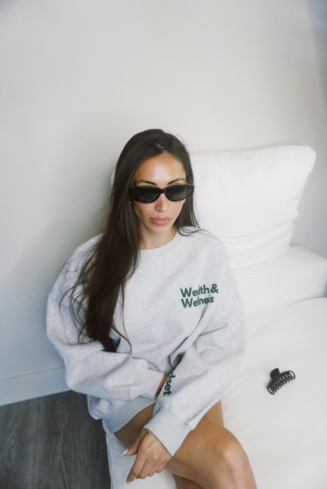 Wealth & Wellness Grey and Dark Green Oversized Crewneck Sweatshirt
