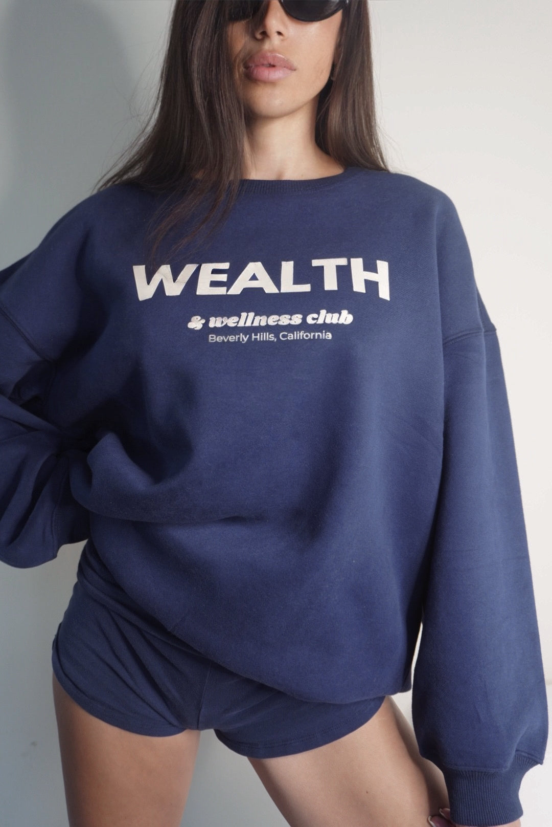 Wealth & Wellness Club Navy Blue Oversized Crewneck Sweatshirt