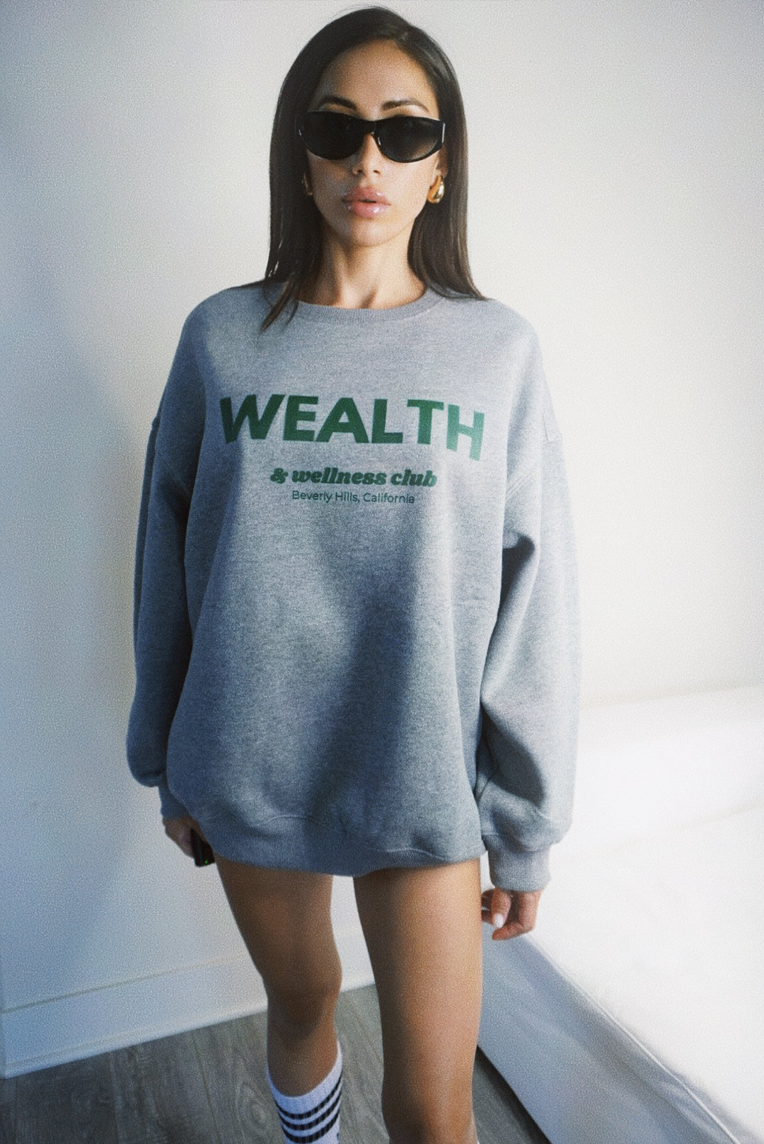 Wealth & Wellness Club Grey Green Oversized Crewneck Sweatshirt