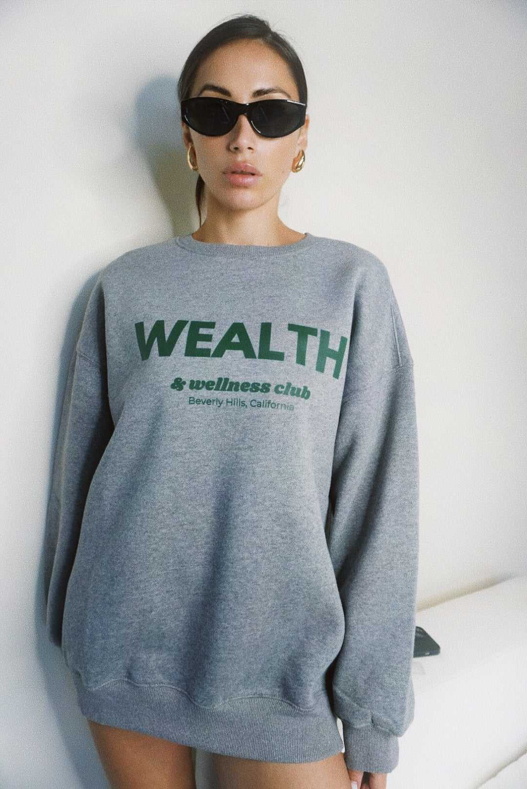 Wealth & Wellness Club Grey Green Oversized Crewneck Sweatshirt