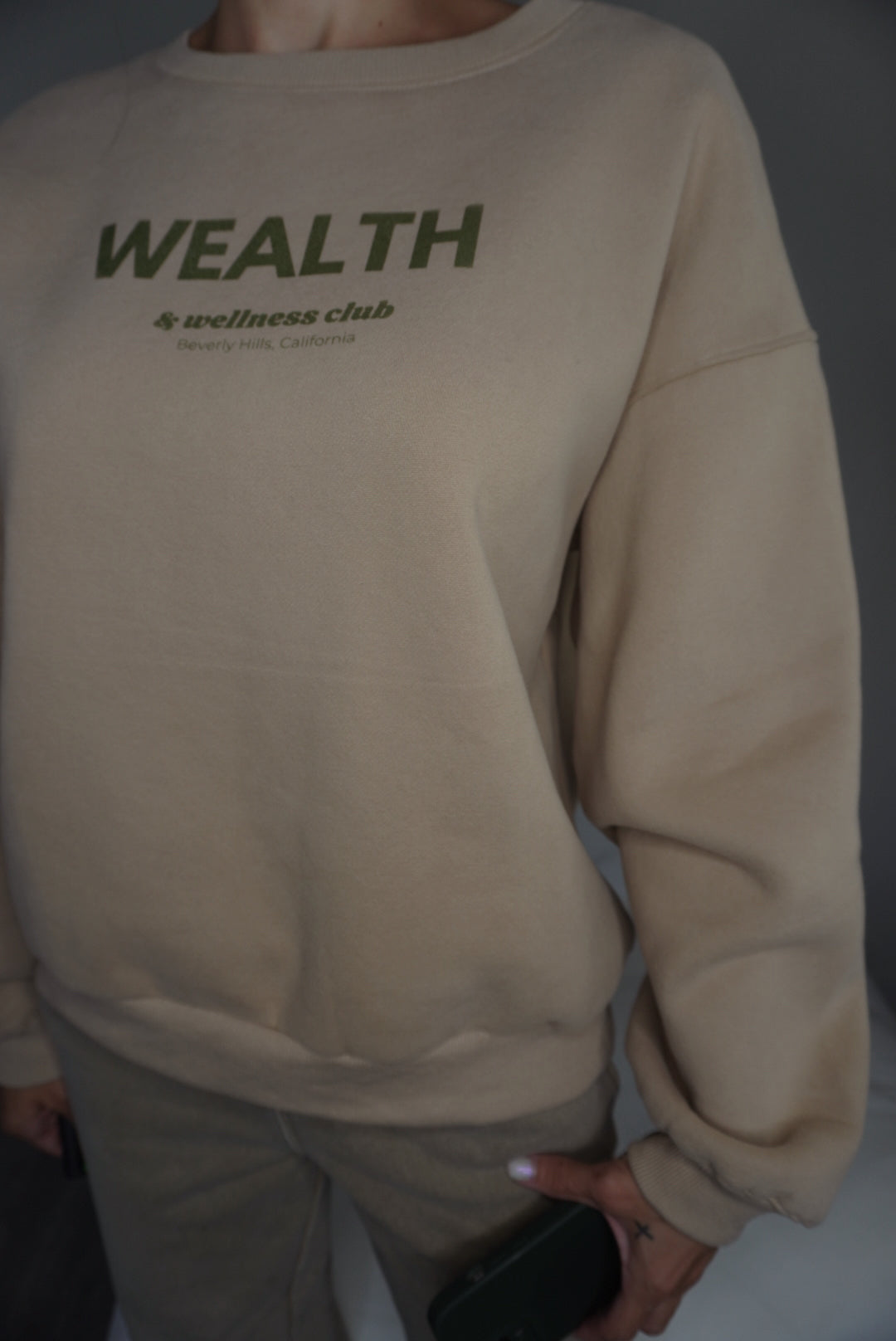 Wealth & Wellness Club Tan and Green Oversized Crewneck Sweatshirt
