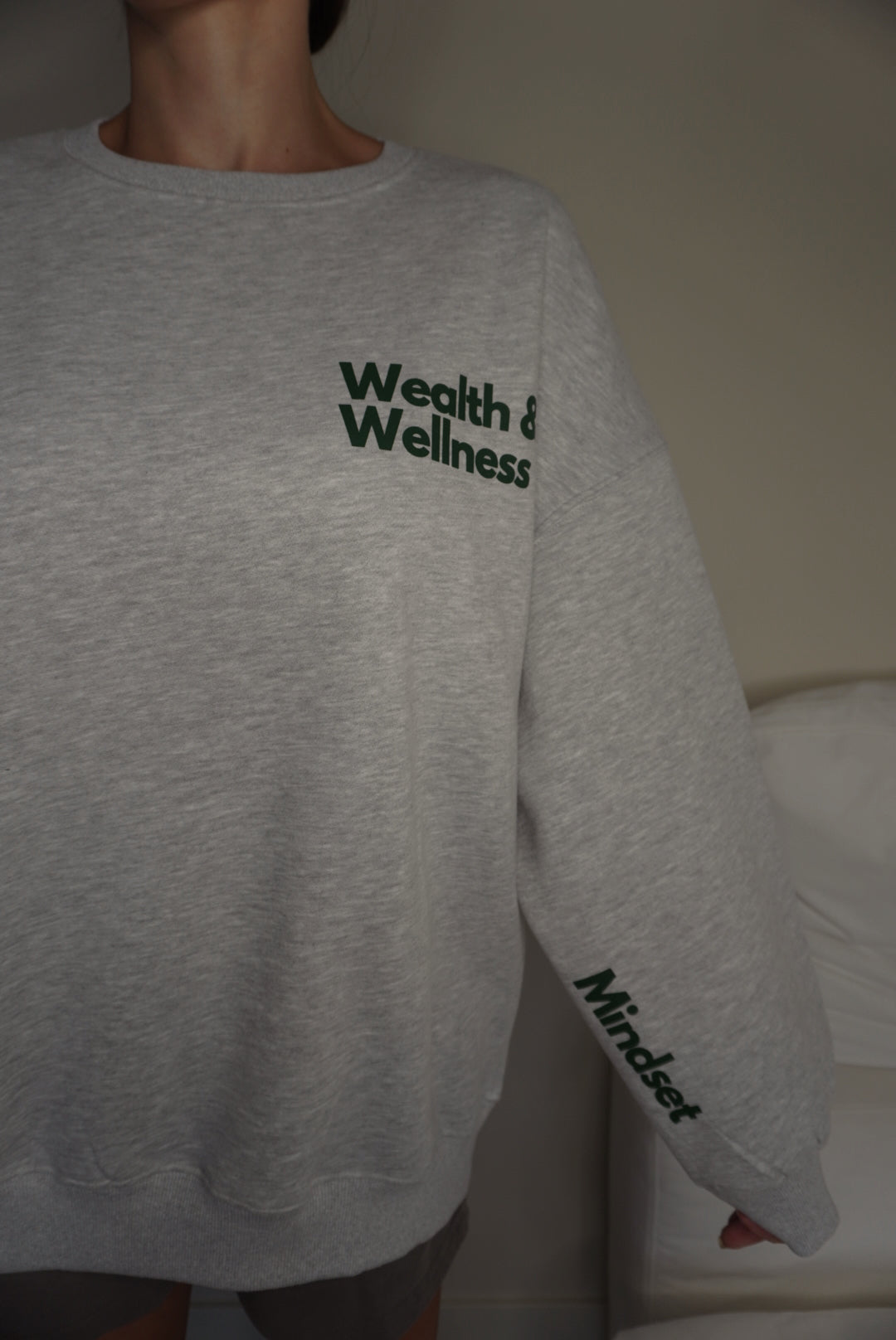 Wealth & Wellness Grey and Dark Green Oversized Crewneck Sweatshirt