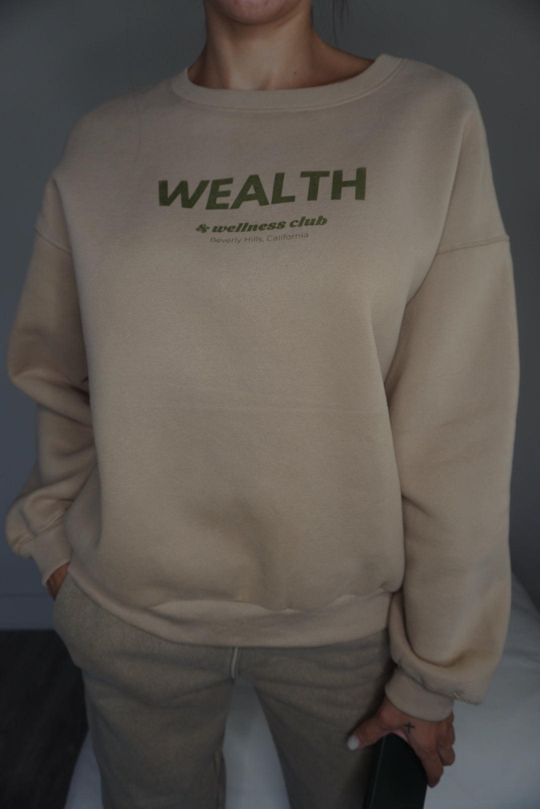 Wealth & Wellness Club Tan and Green Oversized Crewneck Sweatshirt