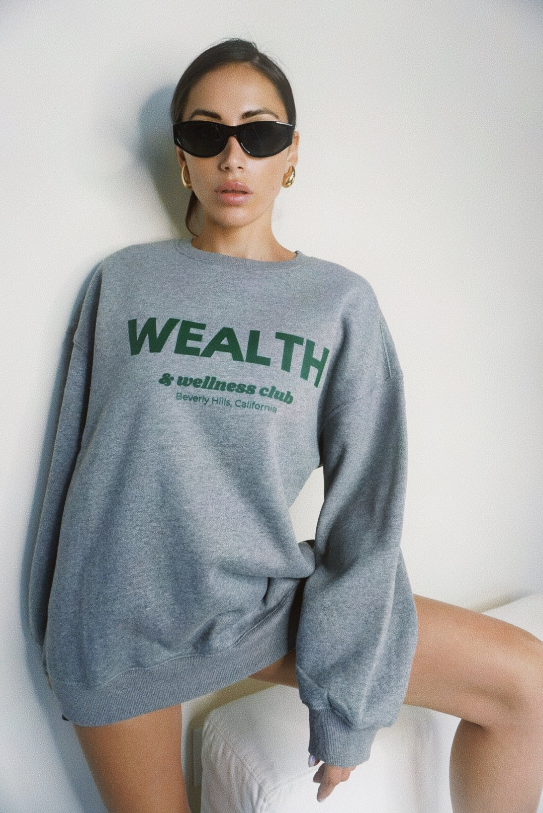 Wealth & Wellness Club Grey Green Oversized Crewneck Sweatshirt