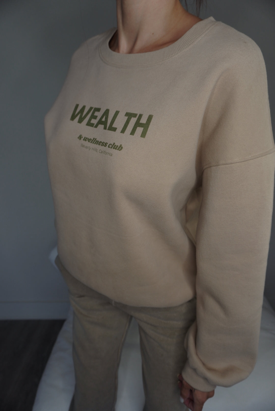 Wealth & Wellness Club Tan and Green Oversized Crewneck Sweatshirt