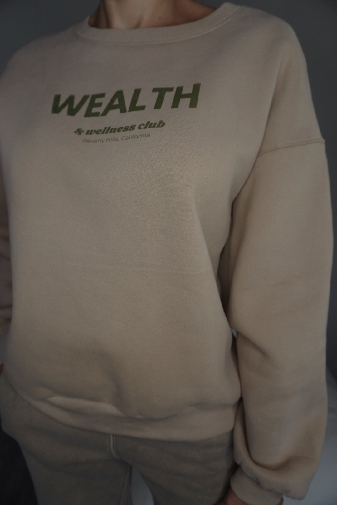 Wealth & Wellness Club Tan and Green Oversized Crewneck Sweatshirt