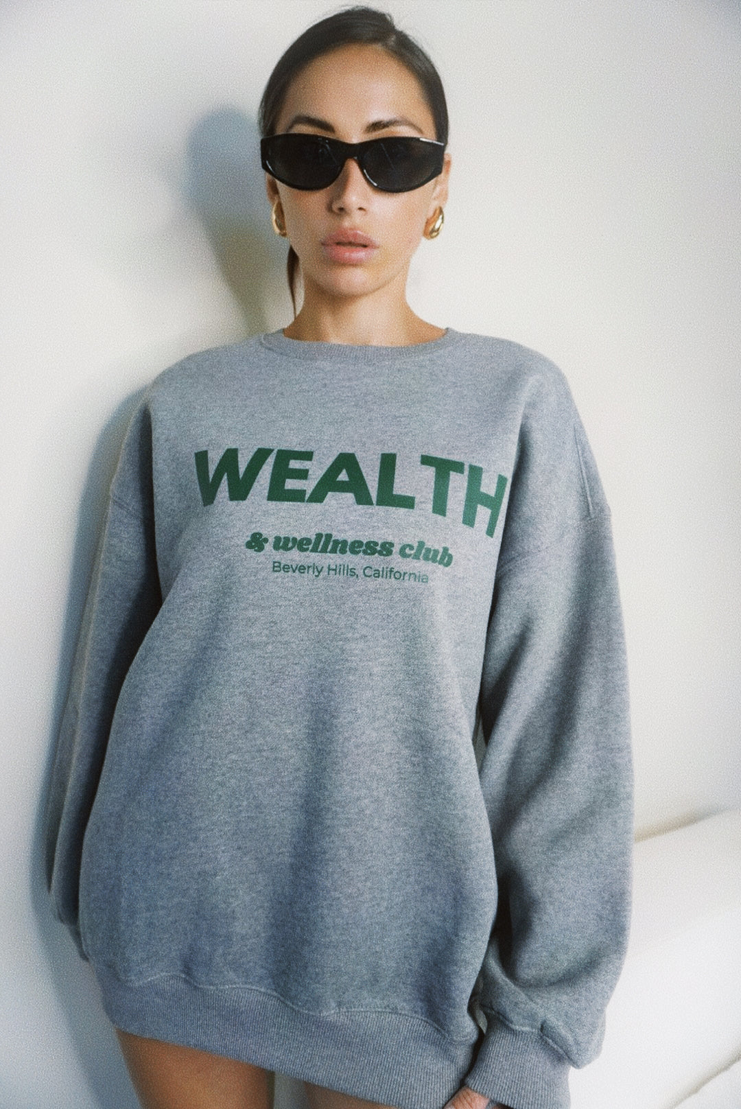 Wealth & Wellness Club Grey Green Oversized Crewneck Sweatshirt