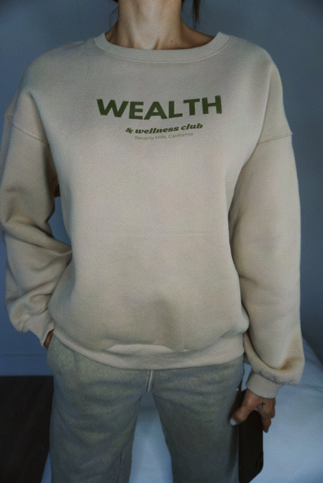 Wealth Wellness Club Tan and Green Oversized Crewneck Sweatshirt